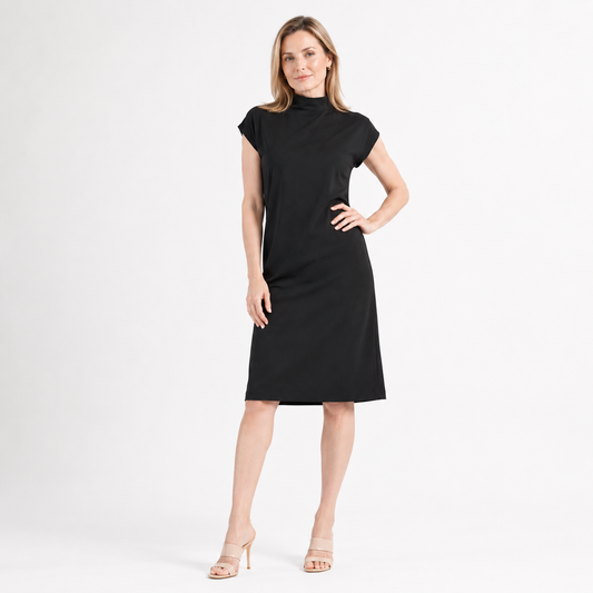 Lightweight Ponte - High Neck Cap Sleeve Midi Dress - Black - Final Sale! | Clara Sunwoo Smart Buy