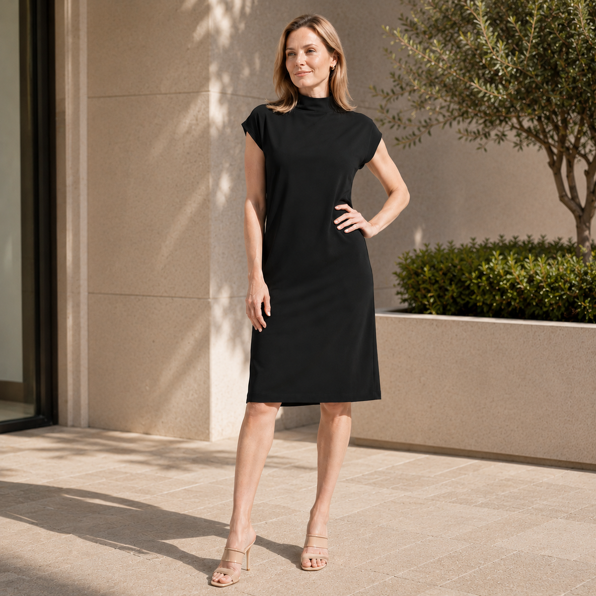 Lightweight Ponte - High Neck Cap Sleeve Midi Dress - Black - Final Sale! | Clara Sunwoo Smart Buy