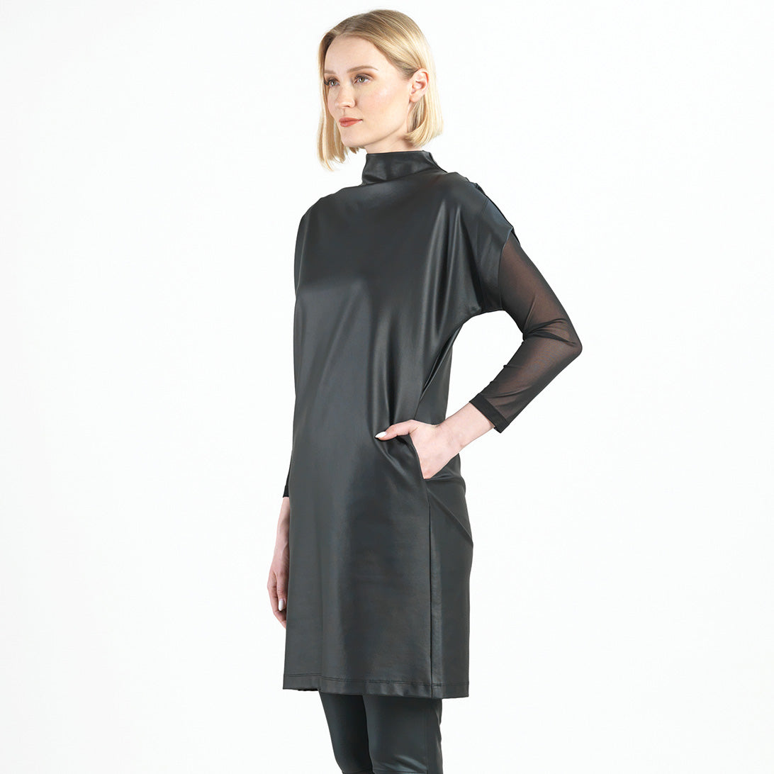 Liquid Leather™ - High Neck Tunic Pocket Dress - Black - Final Sale! | Clara Sunwoo Everyday