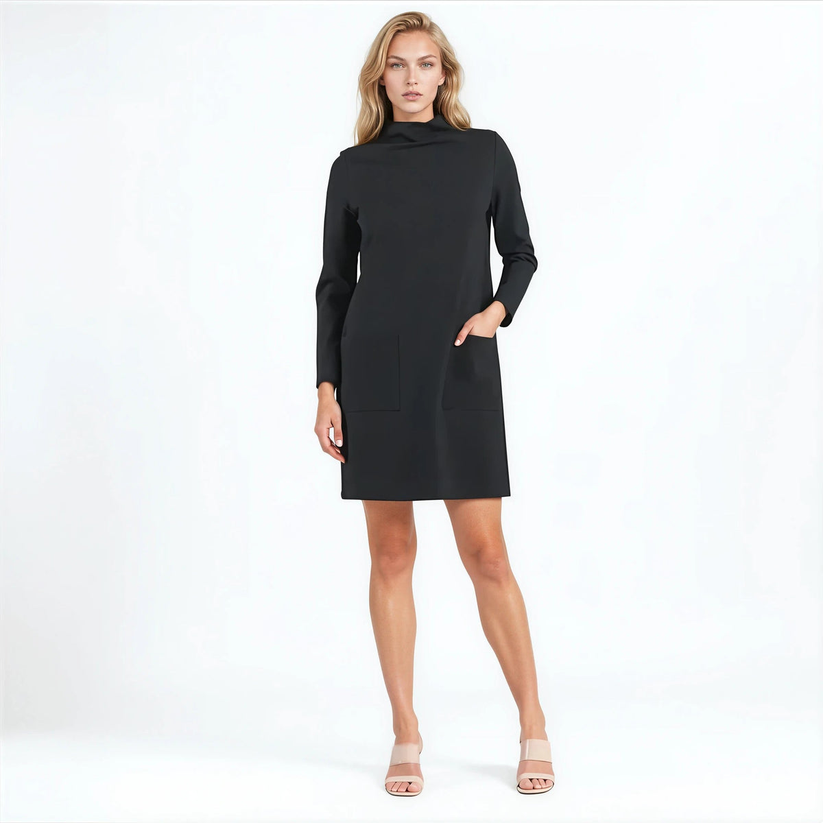 Ponte Knit - Funnel Neck Tunic Sweater Dress - Black - Final Sale! | Clara Sunwoo Essential