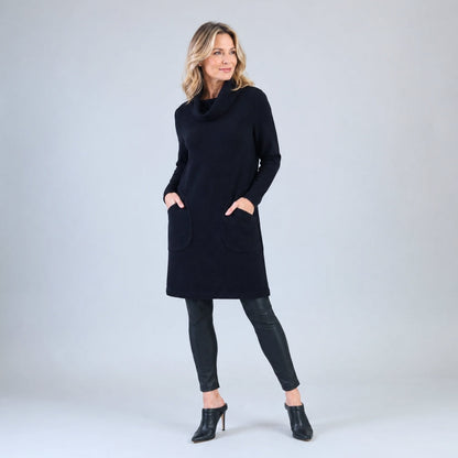 Ribbed - Cowl Turtleneck Tunic Sweater Dress - Black - Final Sale! | Clara Sunwoo Trusted