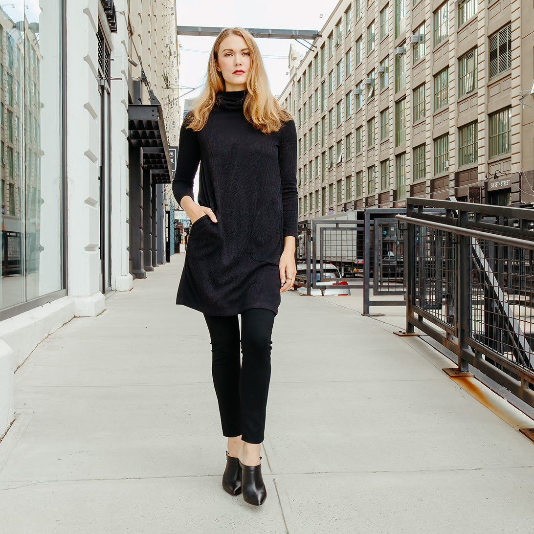 Ribbed - Cowl Turtleneck Tunic Sweater Dress - Black - Final Sale! | Clara Sunwoo Trusted