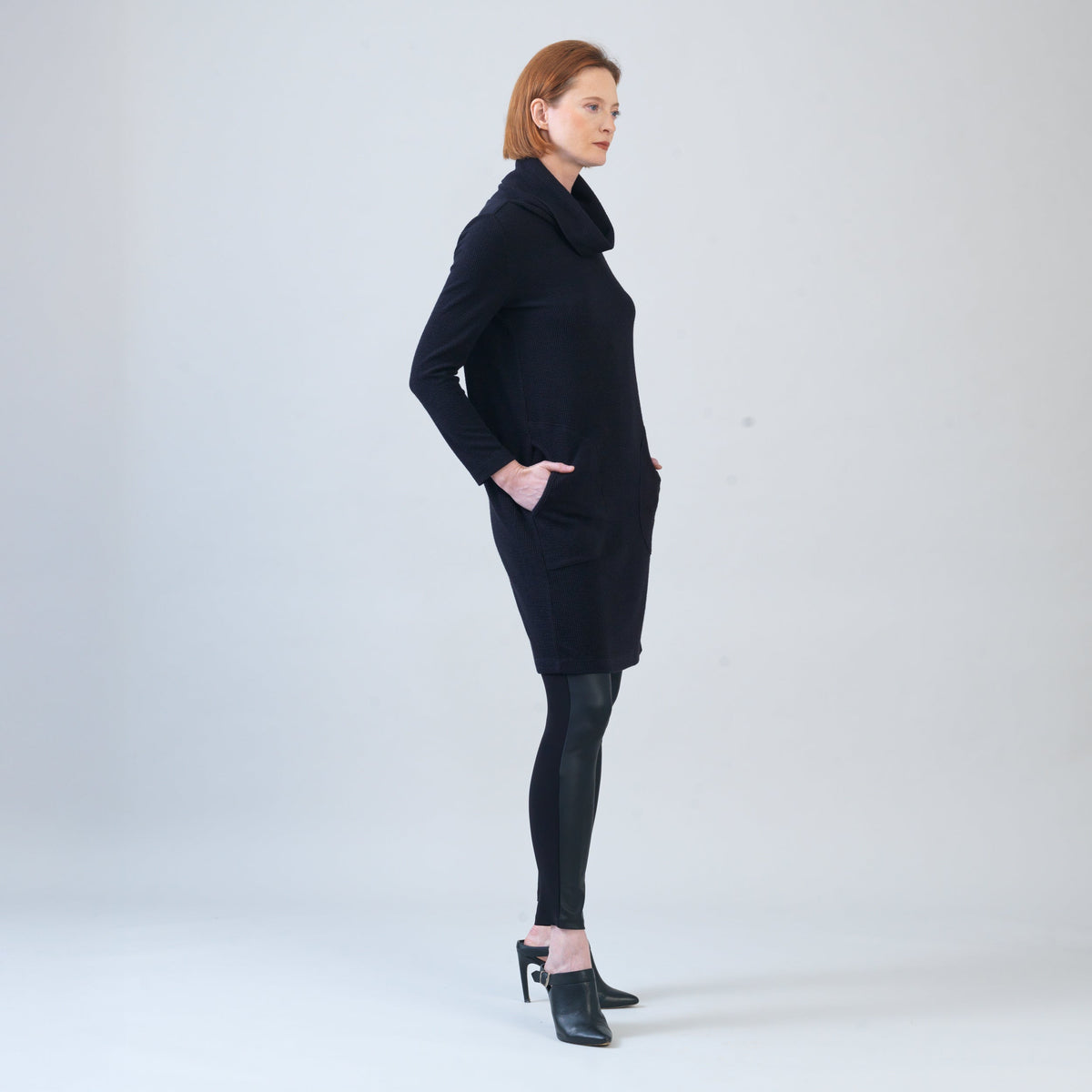 Ribbed - Cowl Turtleneck Tunic Sweater Dress - Black - Final Sale! | Clara Sunwoo Trusted