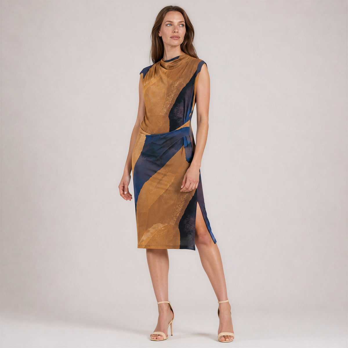 Side Slit Midi Dress - Tan Watercolor - Final Sale | Clara Sunwoo Value