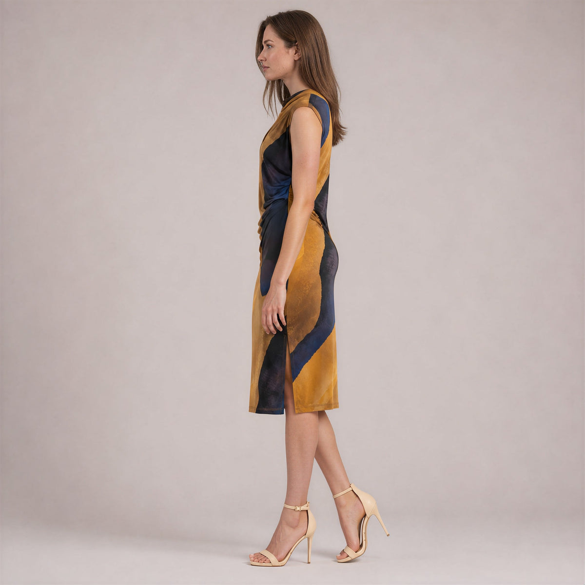 Side Slit Midi Dress - Tan Watercolor - Final Sale | Clara Sunwoo Value