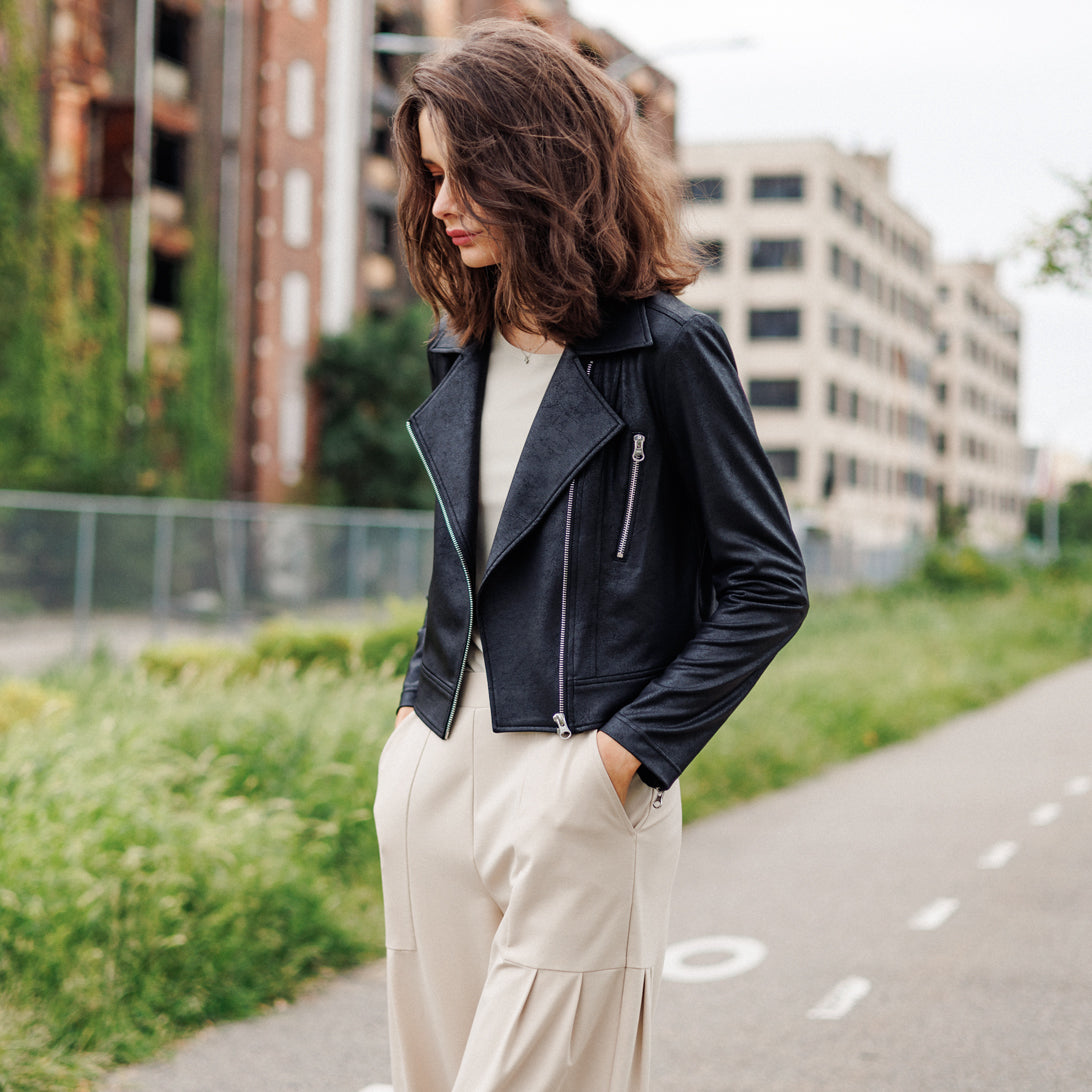 Liquid Leather™ Zip Cuff Moto Waist Jacket - Black | Clara Sunwoo New