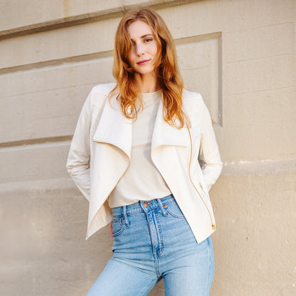 Liquid Leather™ Drape Neck Zip Jacket - Ivory - Final Sale | Clara Sunwoo Everyday