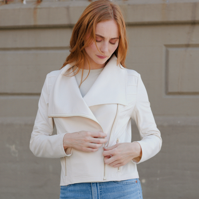 Liquid Leather™ Drape Neck Zip Jacket - Ivory - Final Sale | Clara Sunwoo Everyday