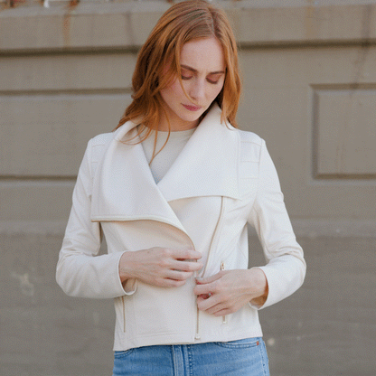 Liquid Leather™ Drape Neck Zip Jacket - Ivory - Final Sale | Clara Sunwoo Everyday
