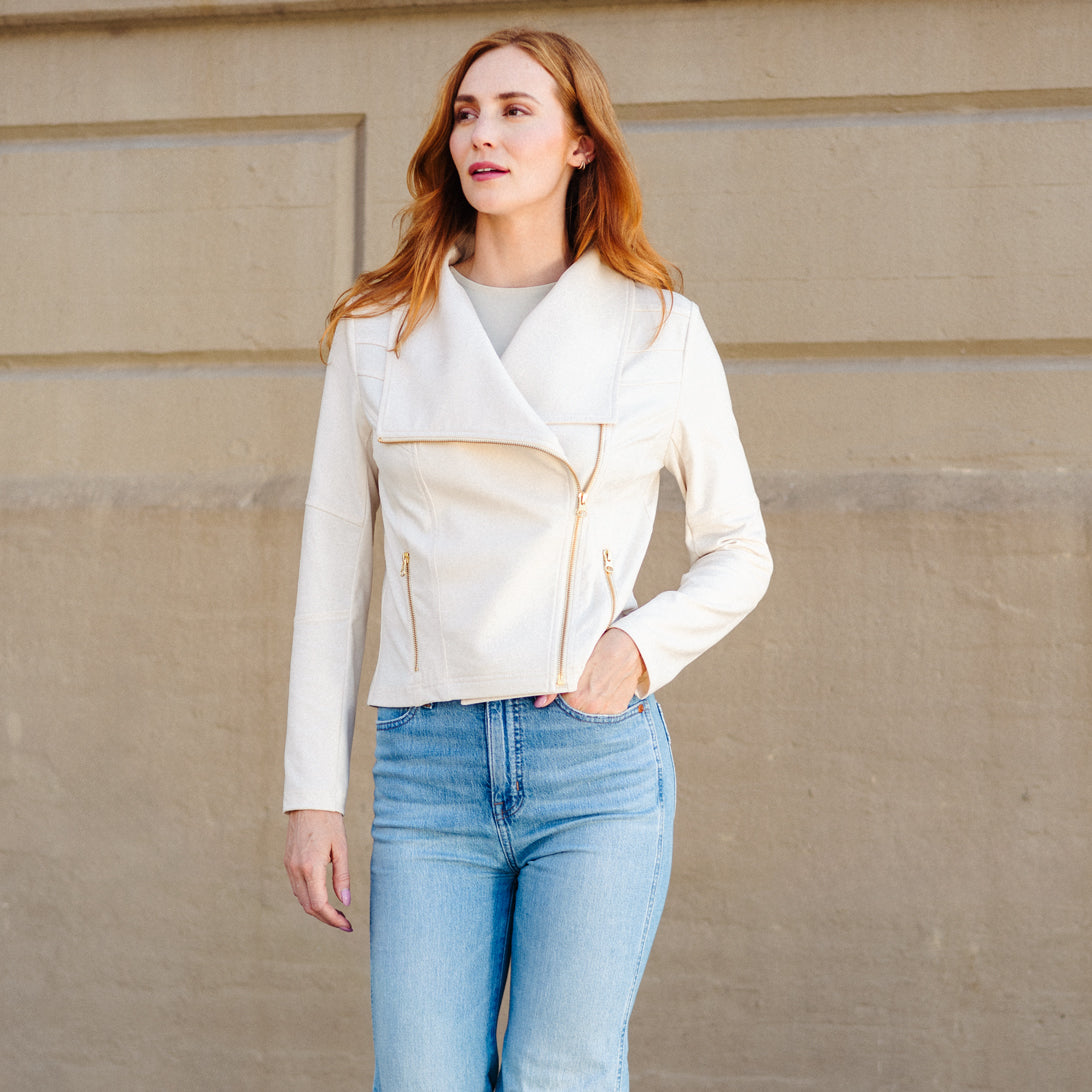 Liquid Leather™ Drape Neck Zip Jacket - Ivory - Final Sale | Clara Sunwoo Everyday