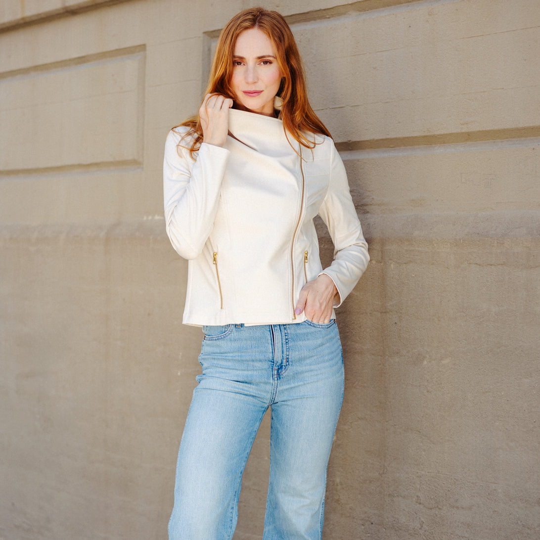 Liquid Leather™ Drape Neck Zip Jacket - Ivory - Final Sale | Clara Sunwoo Everyday