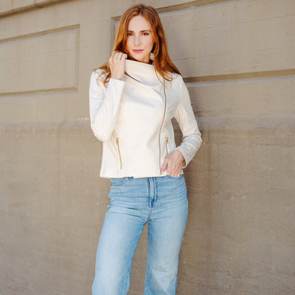 Liquid Leather™ Drape Neck Zip Jacket - Ivory - Final Sale | Clara Sunwoo Everyday