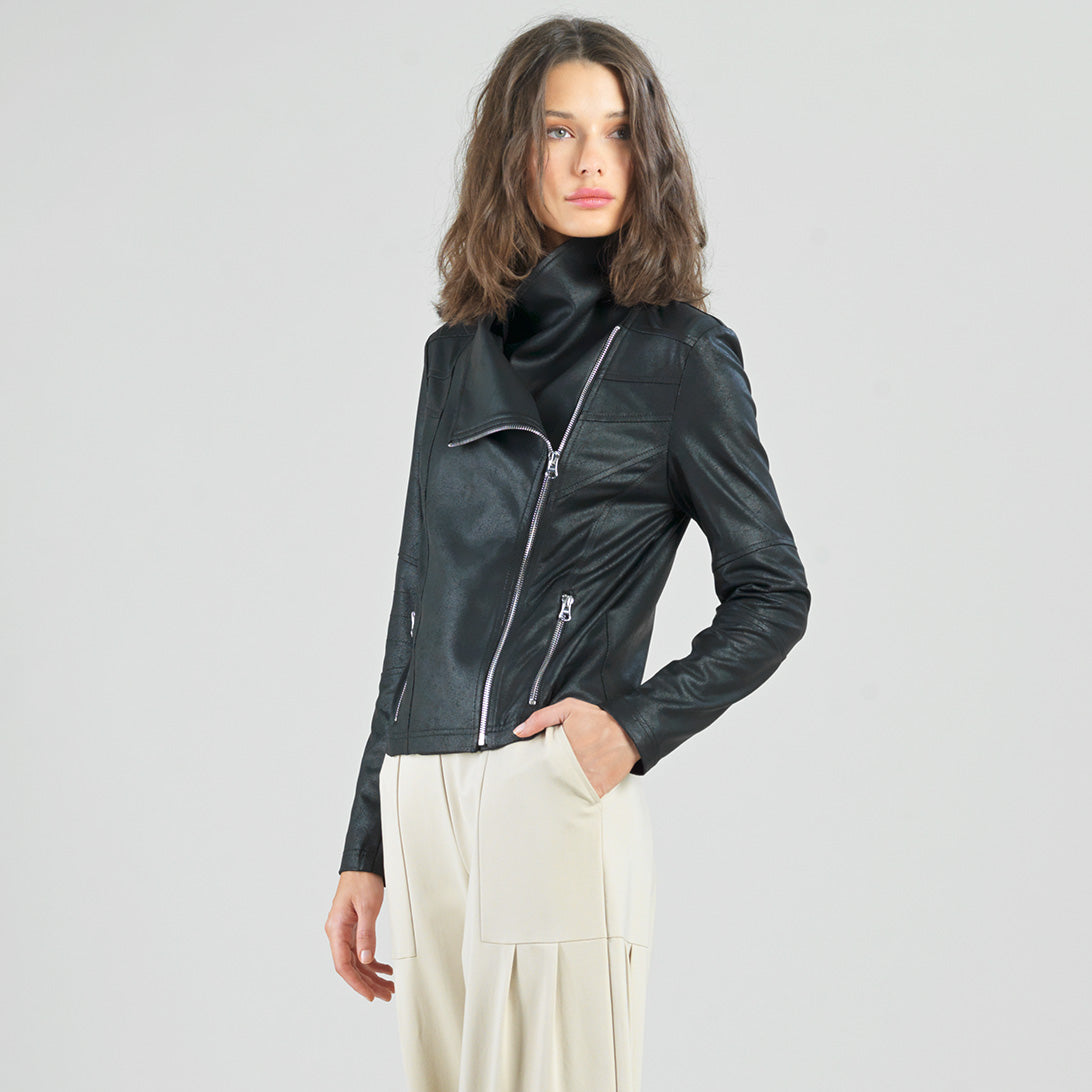 Liquid Leather™ Drape Neck Zip Jacket - Black - Final Sale | Clara Sunwoo Value