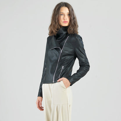 Liquid Leather™ Drape Neck Zip Jacket - Black - Final Sale | Clara Sunwoo Value