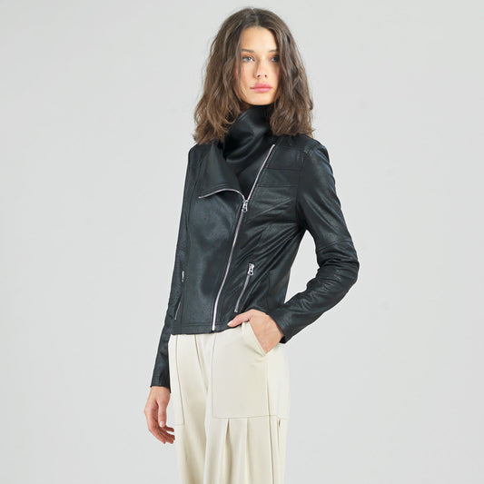 Liquid Leather™ Drape Neck Zip Jacket - Black - Final Sale | Clara Sunwoo Value