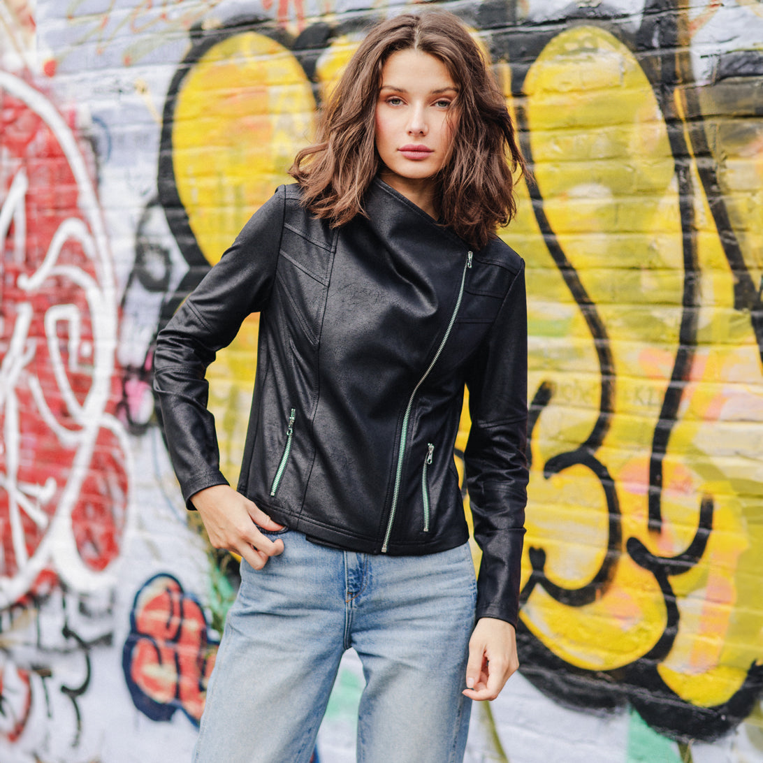 Liquid Leather™ Drape Neck Zip Jacket - Black - Final Sale | Clara Sunwoo Value