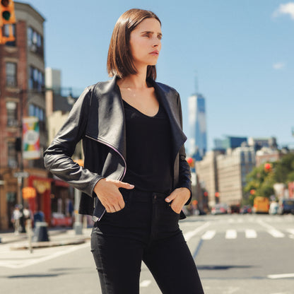 Liquid Leather™ Drape Neck Zip Jacket - Black - Final Sale | Clara Sunwoo Value