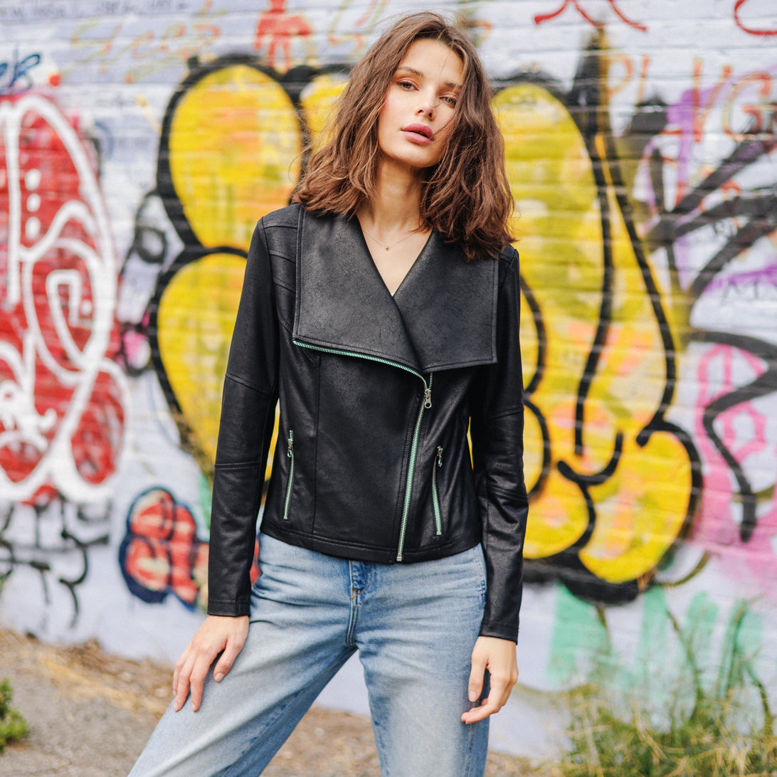 Liquid Leather™ Drape Neck Zip Jacket - Black - Final Sale | Clara Sunwoo Value