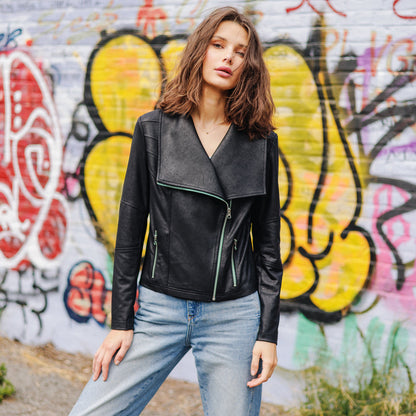 Liquid Leather™ Drape Neck Zip Jacket - Black - Final Sale | Clara Sunwoo Value