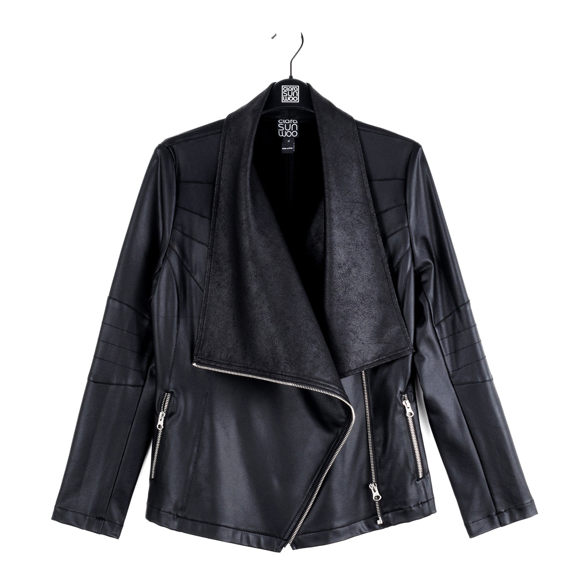 Liquid Leather™ Drape Neck Zip Jacket - Black - Final Sale | Clara Sunwoo Value