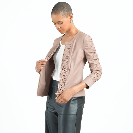 Liquid Leather™ Ruched Detail Jacket - Taupe - Final Sale | Clara Sunwoo Great Value