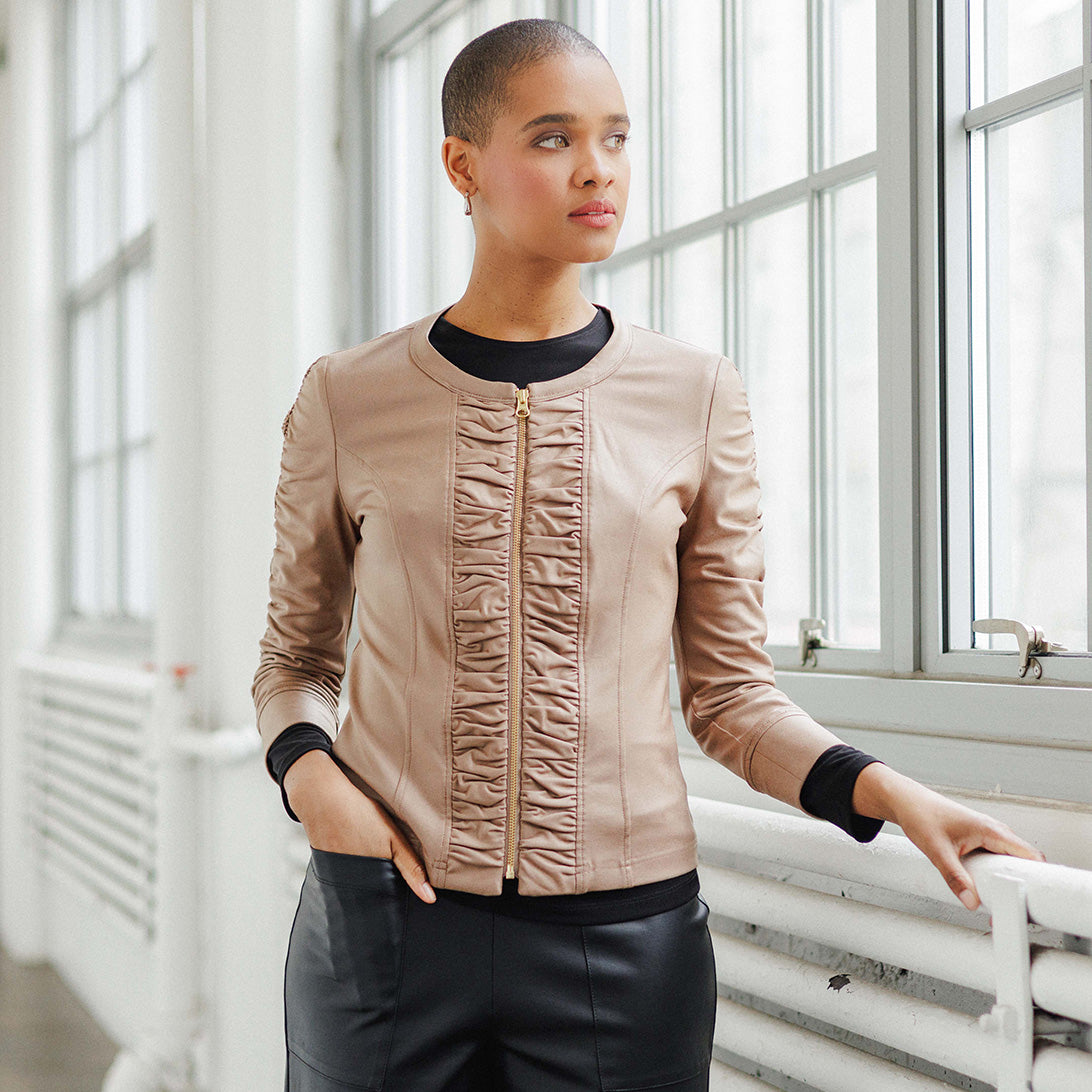 Liquid Leather™ Ruched Detail Jacket - Taupe - Final Sale | Clara Sunwoo Great Value