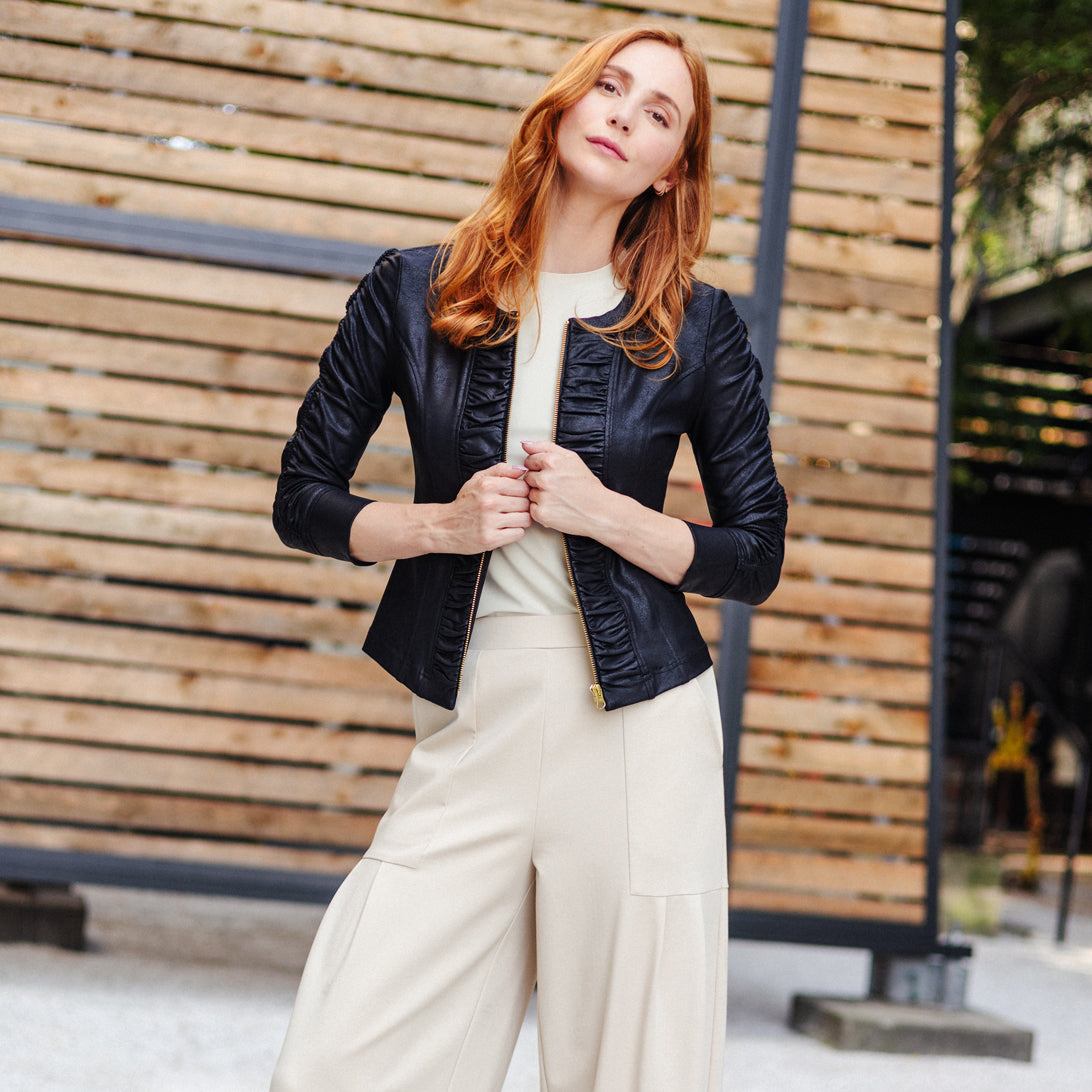 Liquid Leather™ Ruched Detail Jacket - Black | Clara Sunwoo Special Offer