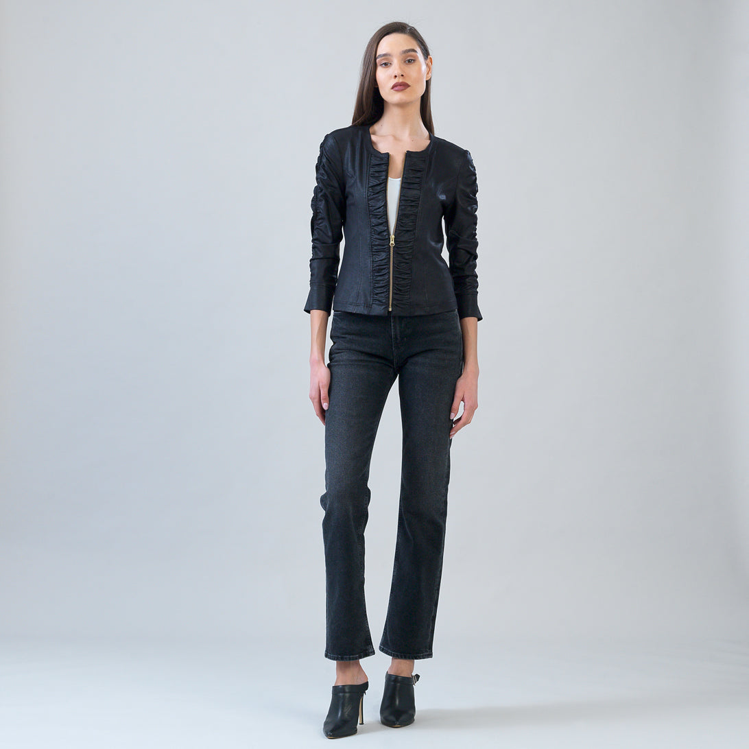 Liquid Leather™ Ruched Detail Jacket - Black | Clara Sunwoo Special Offer