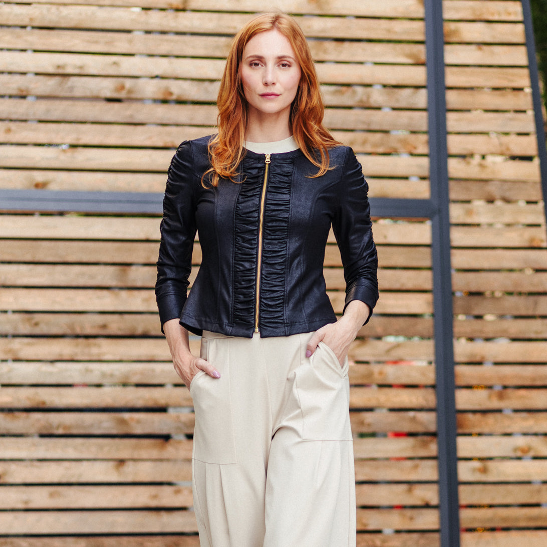 Liquid Leather™ Ruched Detail Jacket - Black | Clara Sunwoo Special Offer