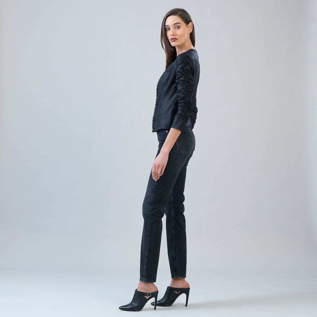 Liquid Leather™ Ruched Detail Jacket - Black | Clara Sunwoo Special Offer