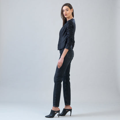 Liquid Leather™ Ruched Detail Jacket - Black | Clara Sunwoo Special Offer