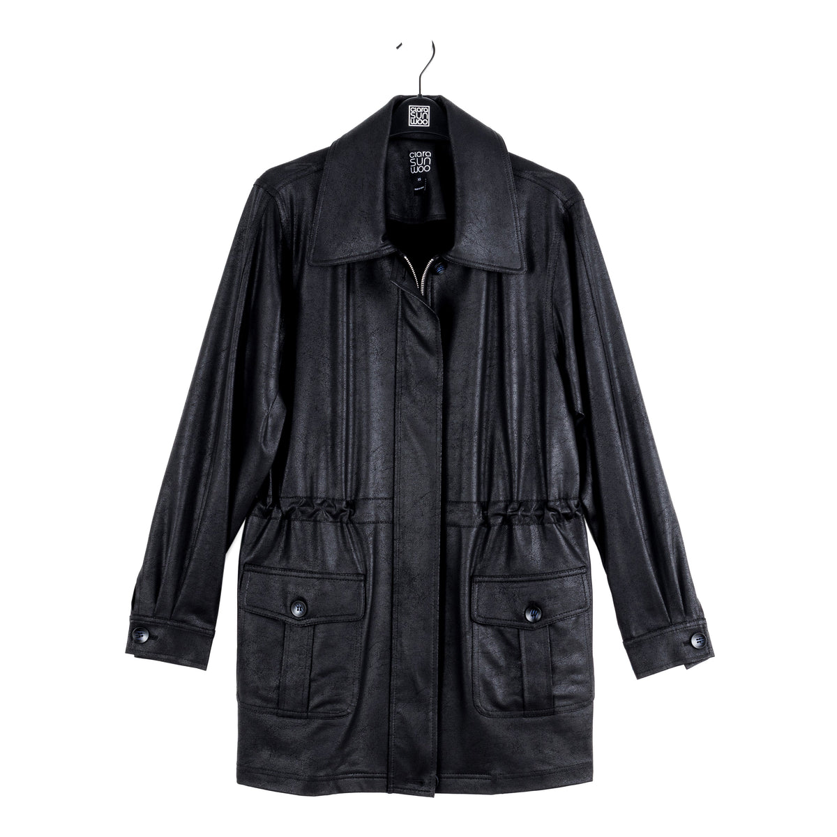 Liquid Leather™ Drawstring Waist Utility Jacket - Black - Final Sale | Clara Sunwoo Everyday