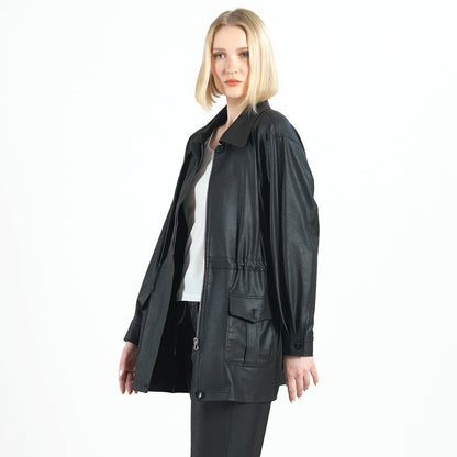 Liquid Leather™ Drawstring Waist Utility Jacket - Black - Final Sale | Clara Sunwoo Everyday