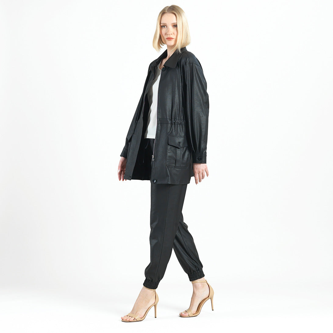 Liquid Leather™ Drawstring Waist Utility Jacket - Black - Final Sale | Clara Sunwoo Everyday
