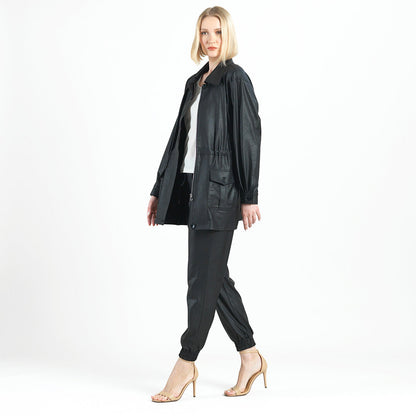Liquid Leather™ Drawstring Waist Utility Jacket - Black - Final Sale | Clara Sunwoo Everyday