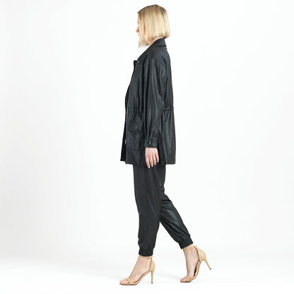 Liquid Leather™ Drawstring Waist Utility Jacket - Black - Final Sale | Clara Sunwoo Everyday