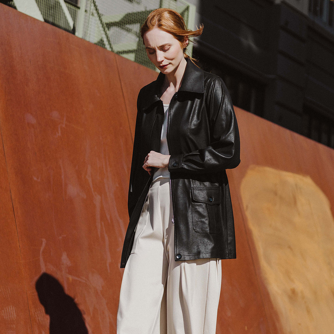 Liquid Leather™ Drawstring Waist Utility Jacket - Black - Final Sale | Clara Sunwoo Everyday