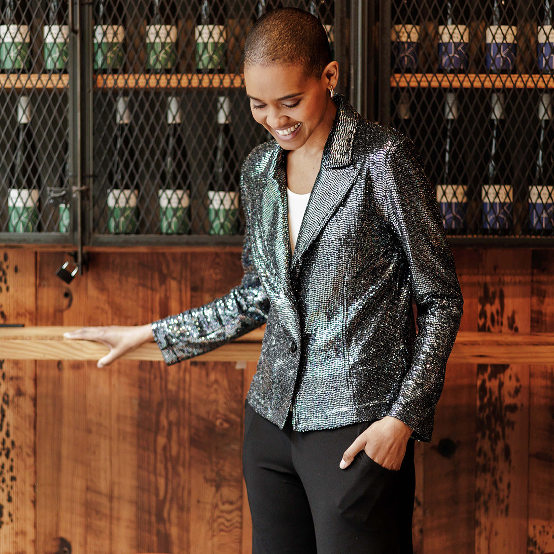 Shimmer Sequin - Modern Button Blazer - Gunmetal - Final Sale | Clara Sunwoo Quality