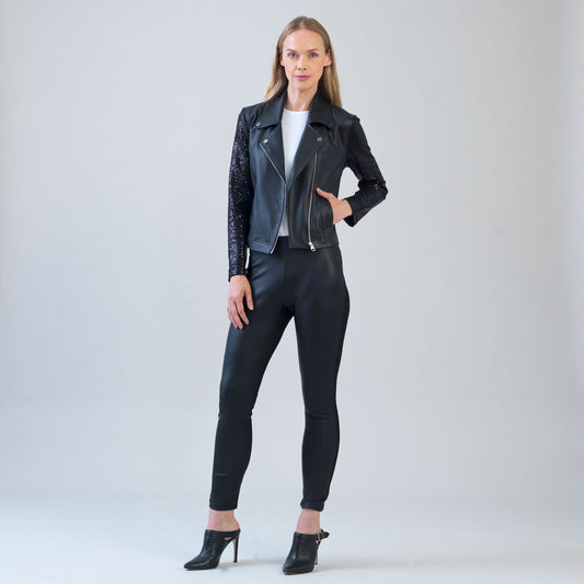 Sequin Knit - Liquid Leather™ Sheen Moto Jacket - Black - Final Sale | Clara Sunwoo Trending