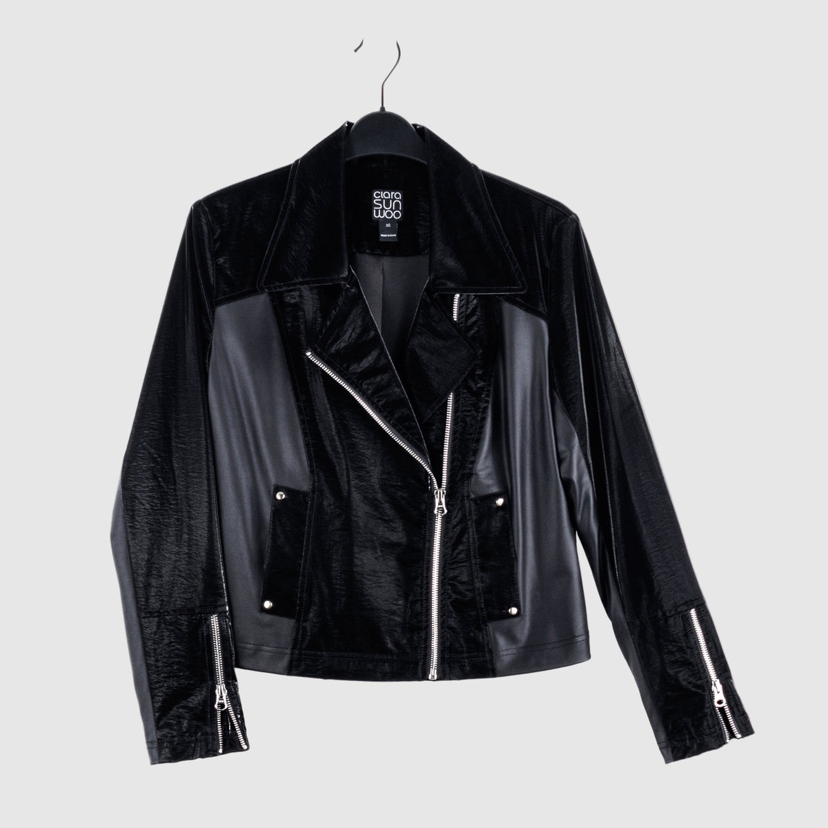 Vinyl + Liquid Leather™ Panel Zip Cuff Pocket Jacket - Black - Final Sale | Clara Sunwoo Discount