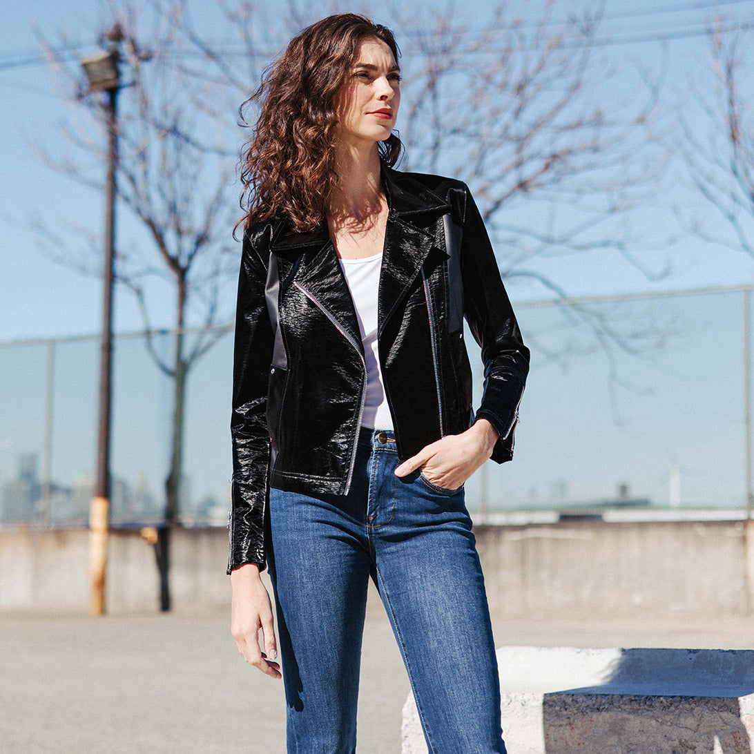 Vinyl + Liquid Leather™ Panel Zip Cuff Pocket Jacket - Black - Final Sale | Clara Sunwoo Discount