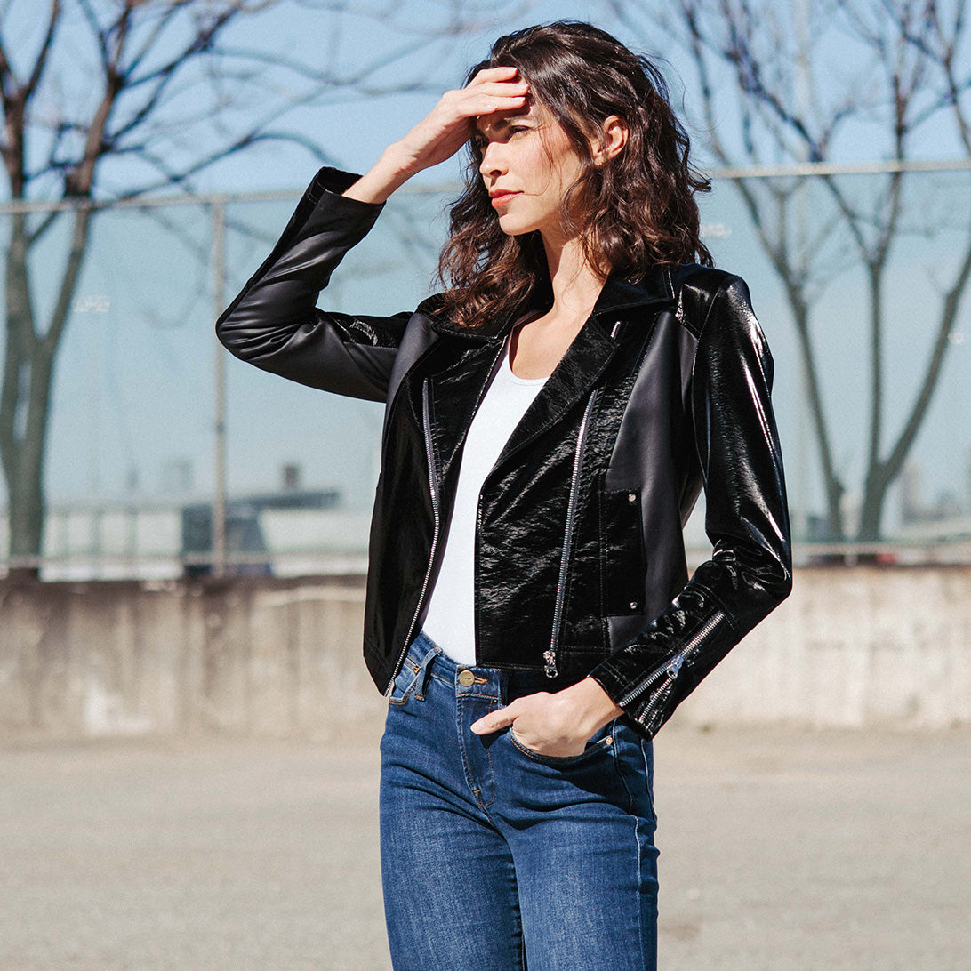 Vinyl + Liquid Leather™ Panel Zip Cuff Pocket Jacket - Black - Final Sale | Clara Sunwoo Discount