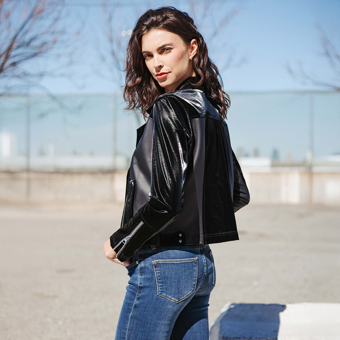 Vinyl + Liquid Leather™ Panel Zip Cuff Pocket Jacket - Black - Final Sale | Clara Sunwoo Discount