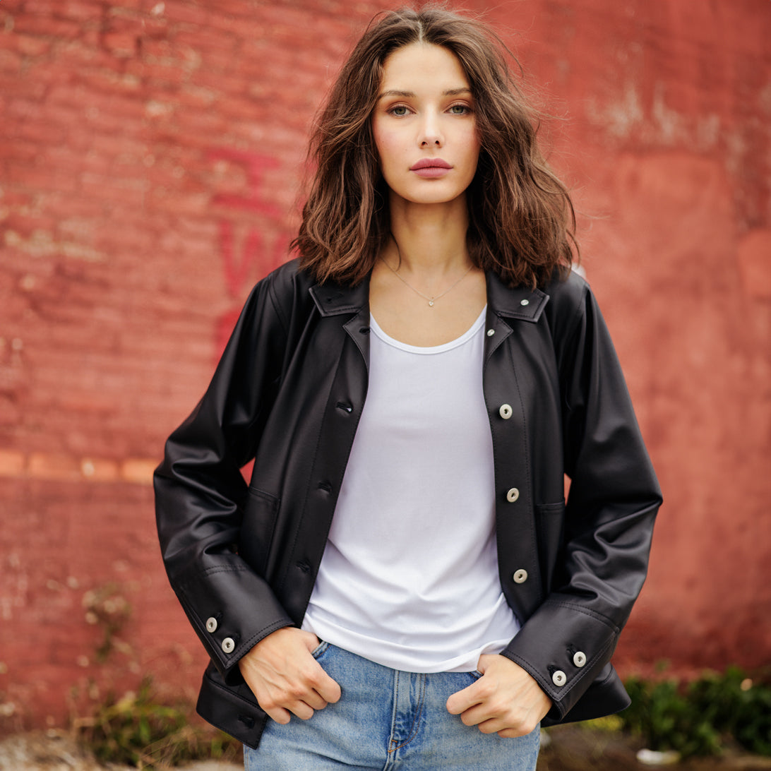 Liquid Leather™ Sheen Button Closure Pocket Jacket - Black - Final Sale | Clara Sunwoo Exclusive