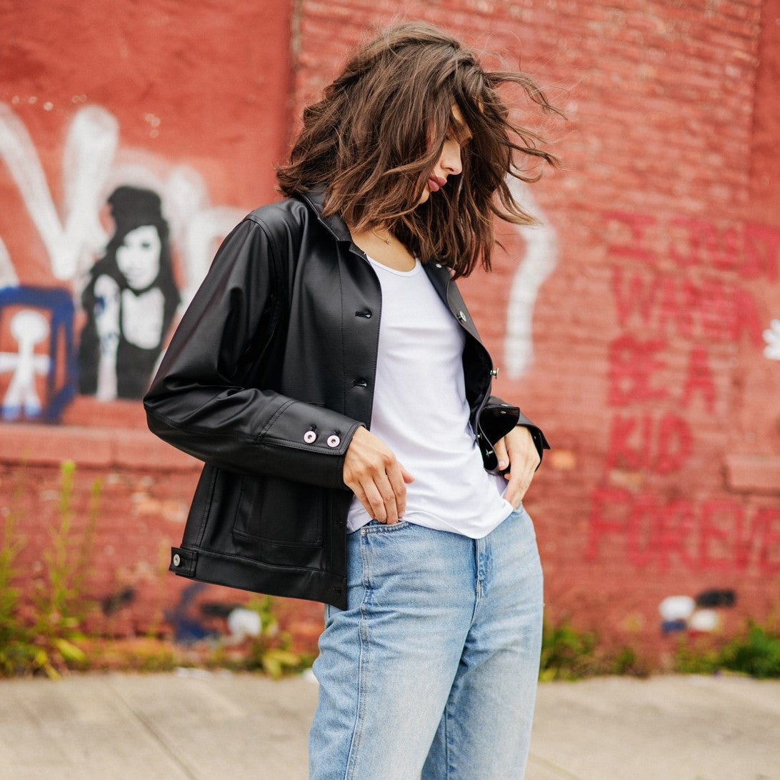 Liquid Leather™ Sheen Button Closure Pocket Jacket - Black - Final Sale | Clara Sunwoo Exclusive