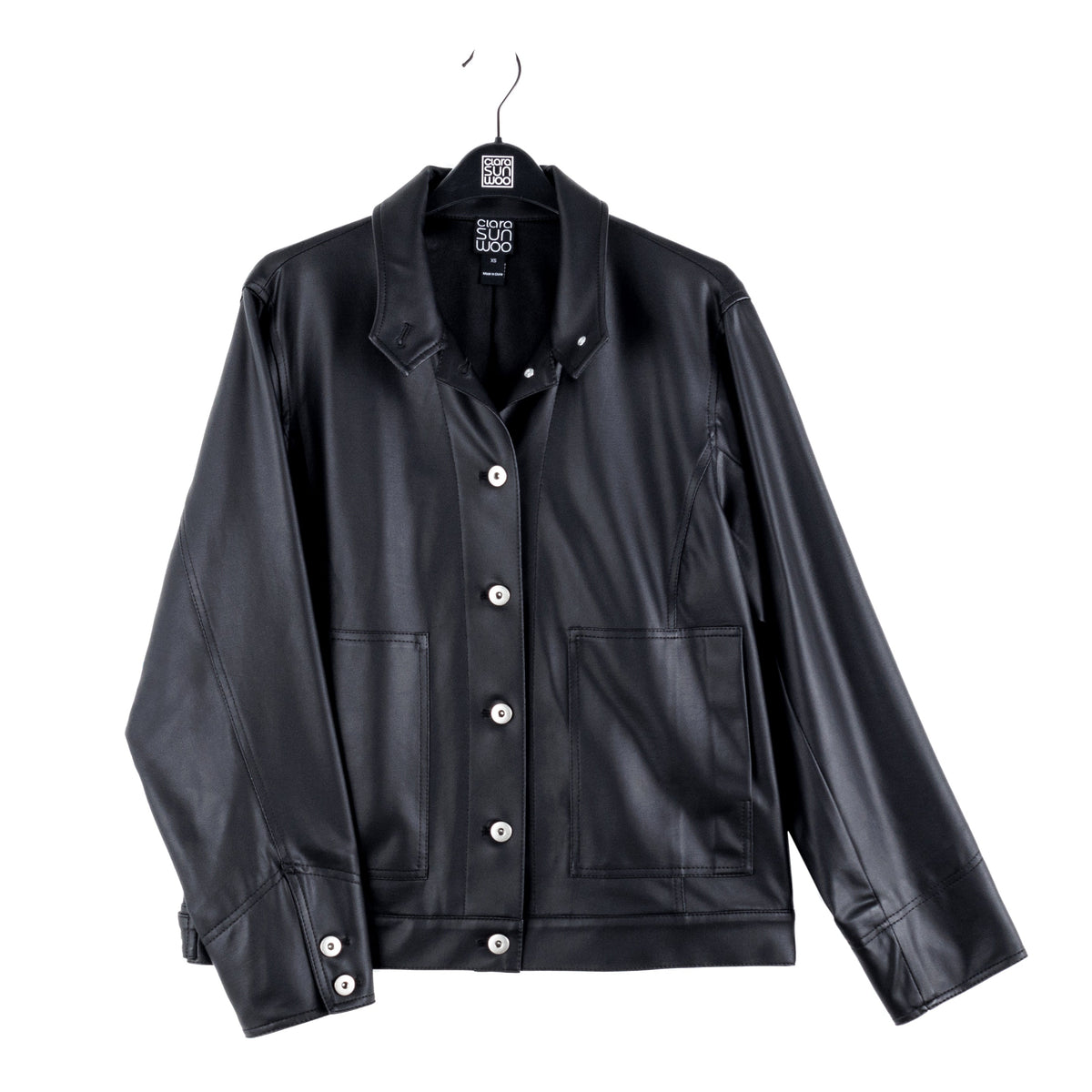 Liquid Leather™ Sheen Button Closure Pocket Jacket - Black - Final Sale | Clara Sunwoo Exclusive