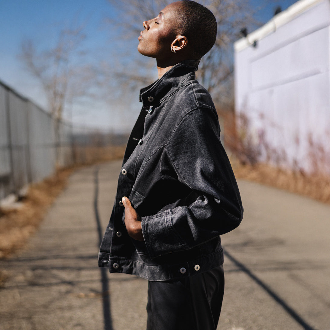 Denim Stretch - Button Closure Pocket Jacket - Black - Final Sale! | Clara Sunwoo Essential