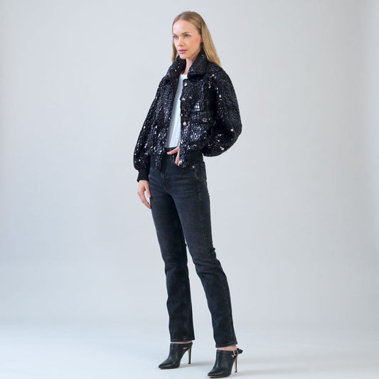 Crushed Faux Fur - Shimmer Embellished Bomber Jacket - Black - Limited Edition! | Clara Sunwoo Hot Sale
