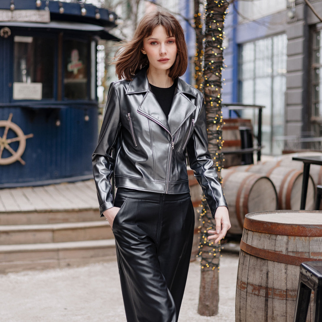 Vegan Sheen - Zip Cuff Moto Waist Jacket - Gunmetal - Final Sale | Clara Sunwoo Great Value