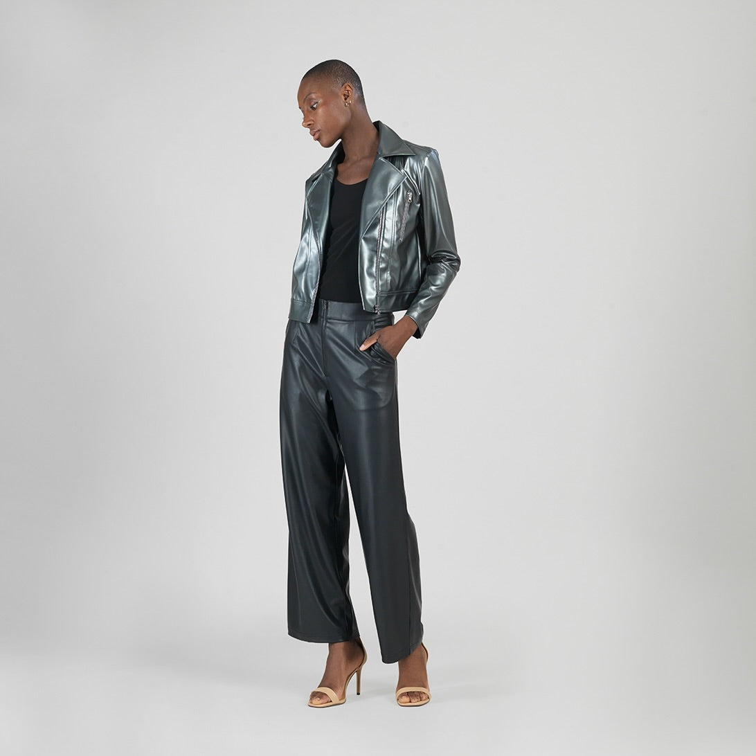 Vegan Sheen - Zip Cuff Moto Waist Jacket - Gunmetal - Final Sale | Clara Sunwoo Great Value